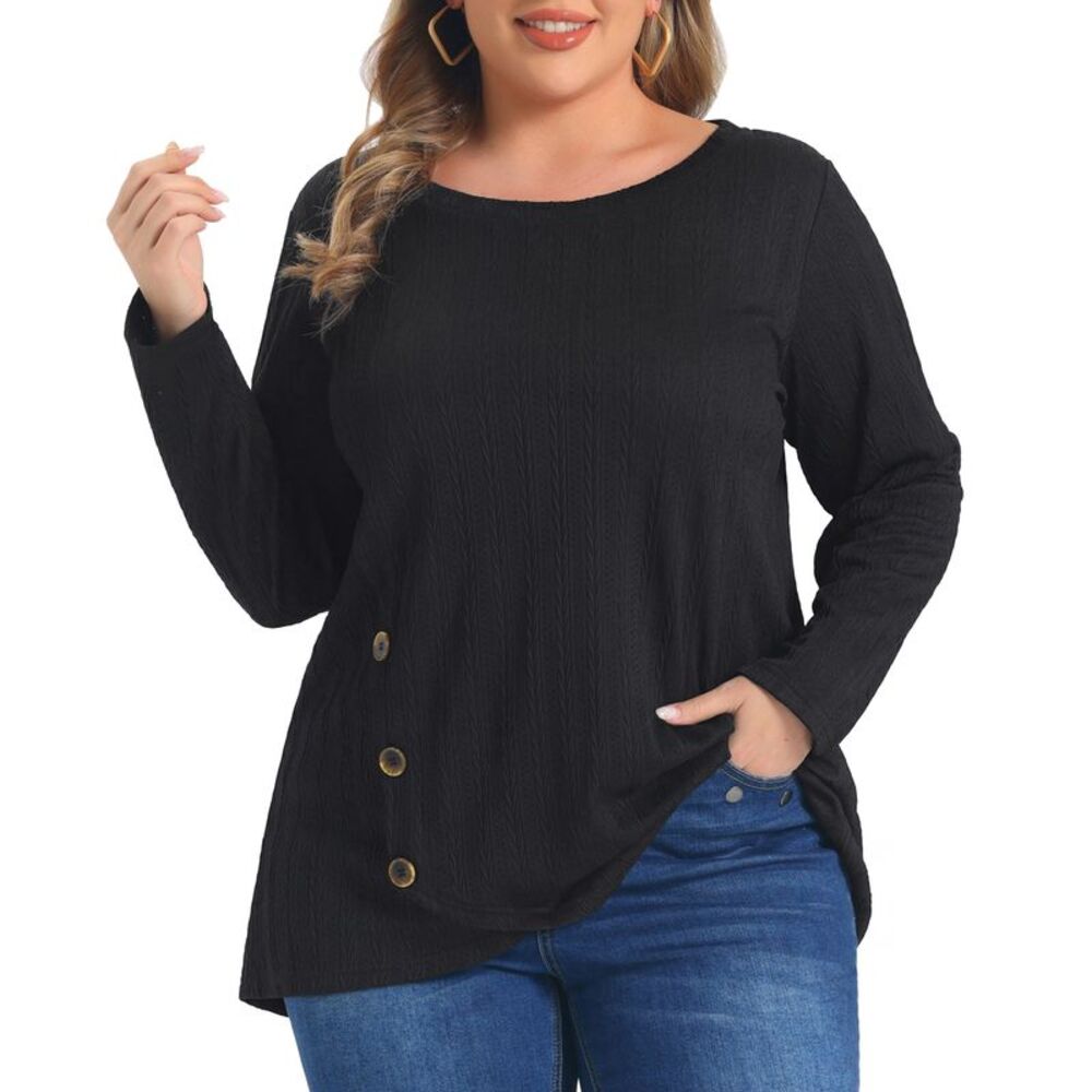 Women Plus Size Knit Crew Neck Crossover Hem Tunic Blouses Black